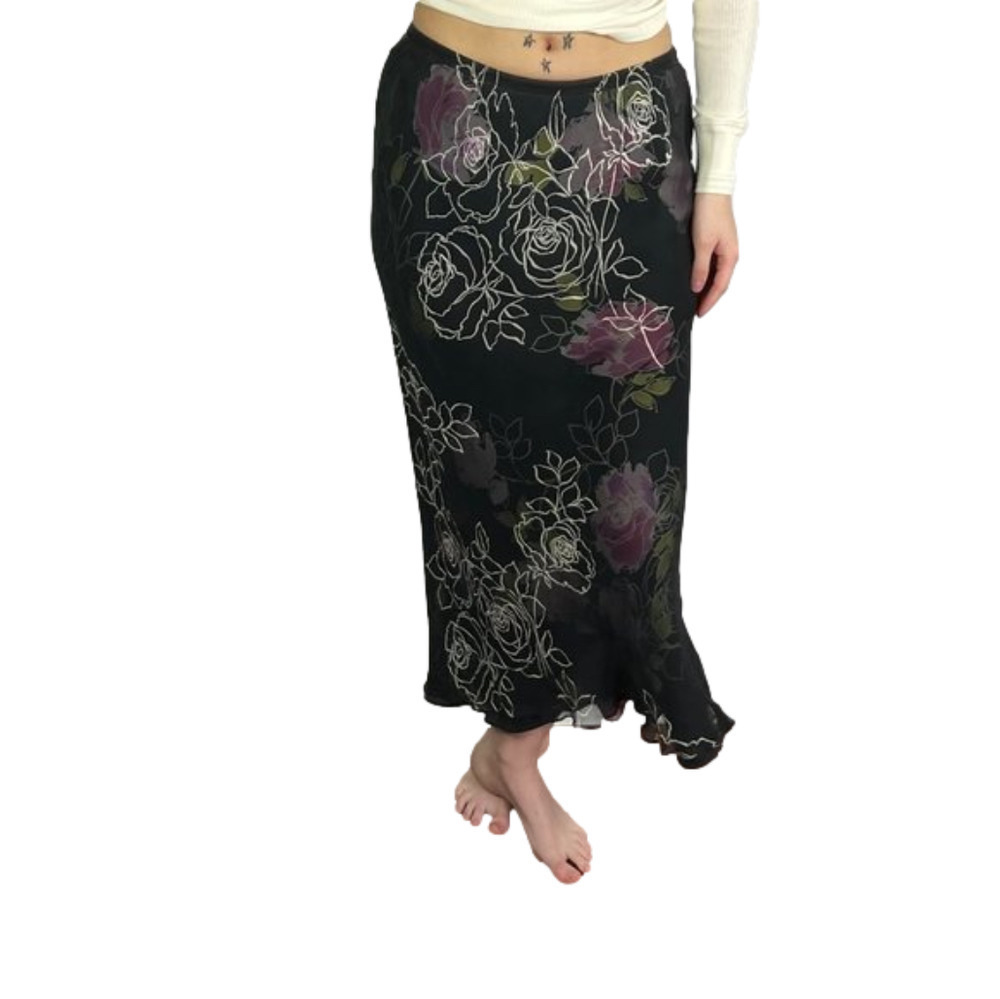 Adrianna Pappél  Black Silk Floral Maxi Skirt